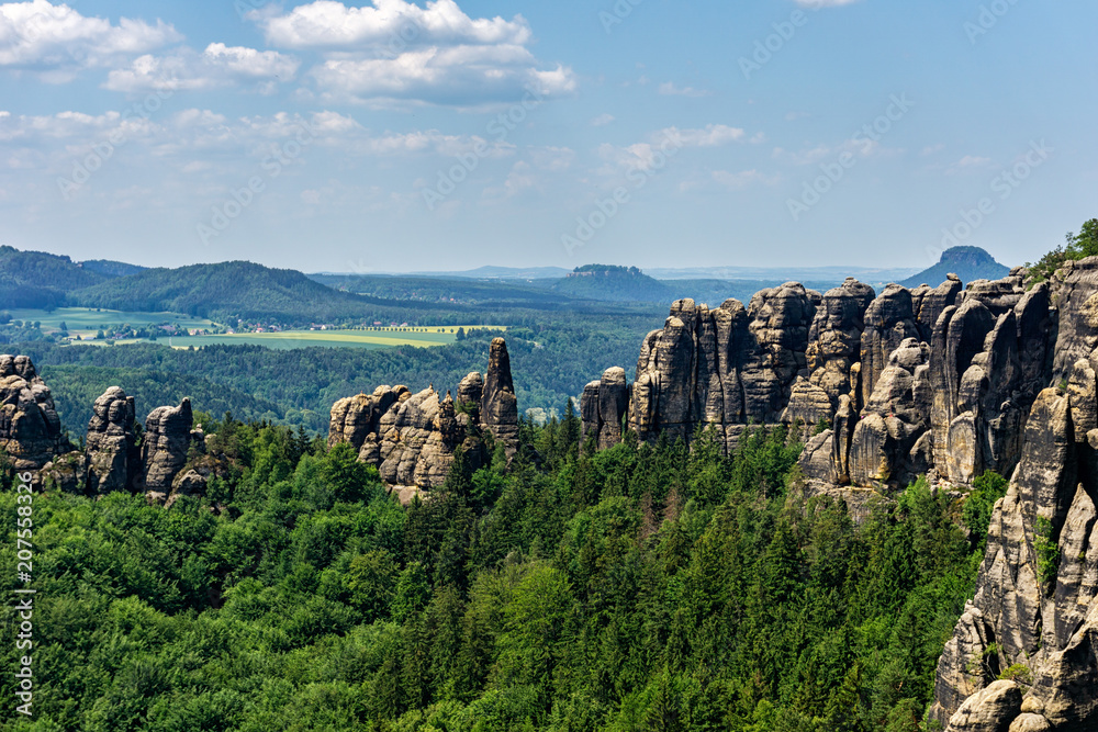 Saxon Switzerland in Germany, as seen from Breite Kluft vantage Point.  The Elbe Sandstone Mountains are a famous hiking region in Germany.