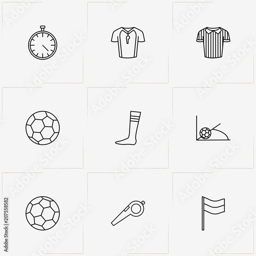 Football line icon set with football corner kick , referee jersey and soccer ball