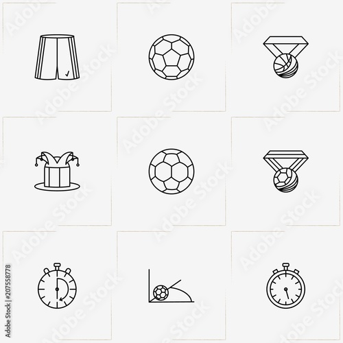 Football line icon set with football fan hat, football corner kick  and soccer ball