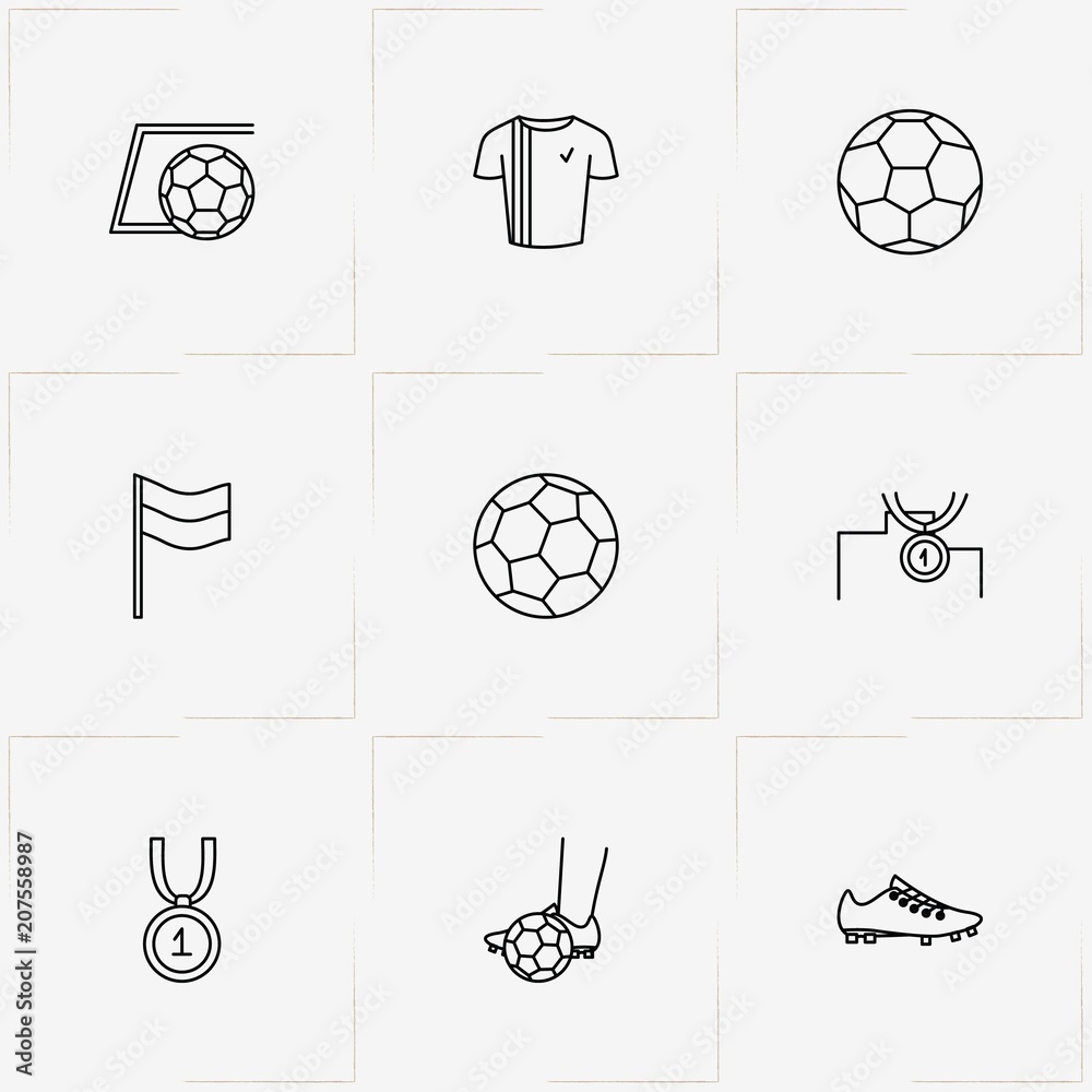 Fototapeta premium Football line icon set with soccer ball, soccer shoe and medal