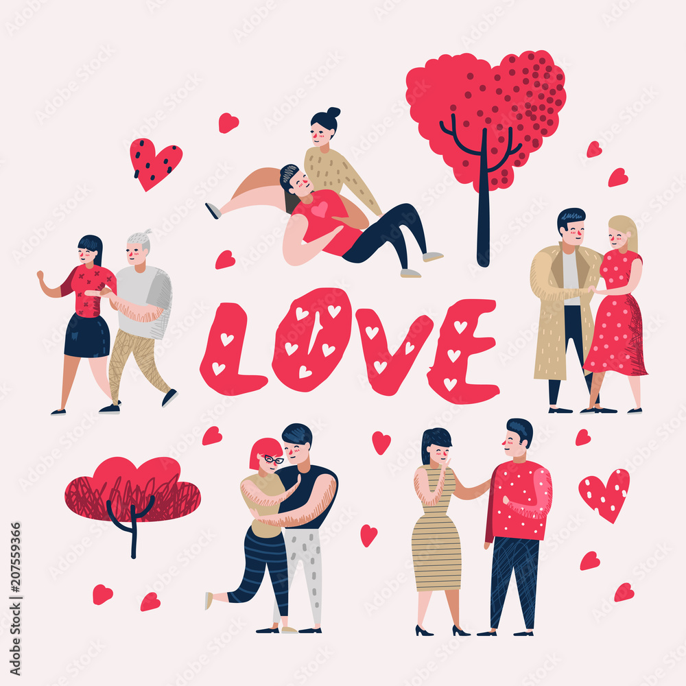 Couple in Love Cartoon Characters People. Valentines Day Doodle with Hearts  and Romantic Elements. Love and Romance Concept. Vector illustration Stock  Vector | Adobe Stock