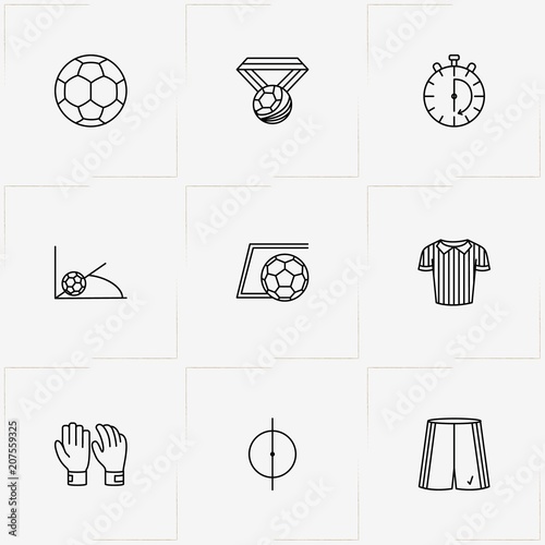 Football line icon set with football corner kick , referee jersey and goalkeeper gloves