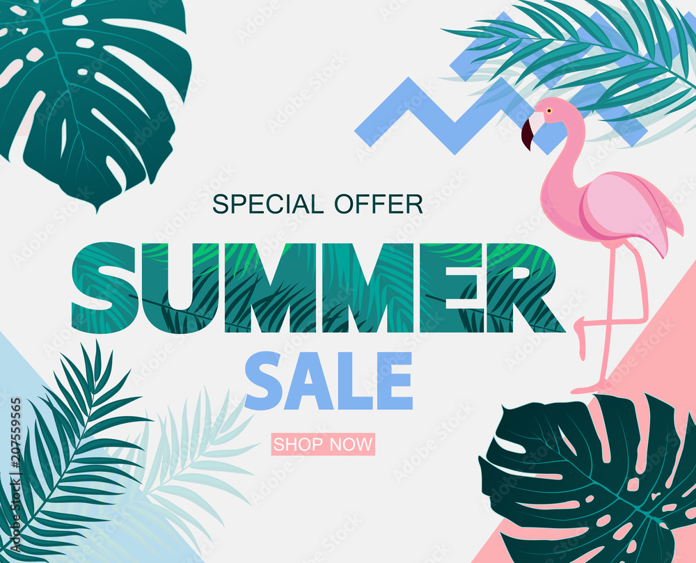 Fototapeta Abstract Tropical Summer Sale Background with Flamingo and Leaves. Vector Illustration