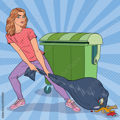 Pop Art Young Woman Holding Trash Bag. Girl with Stinky Garbage Bag. Vector illustration