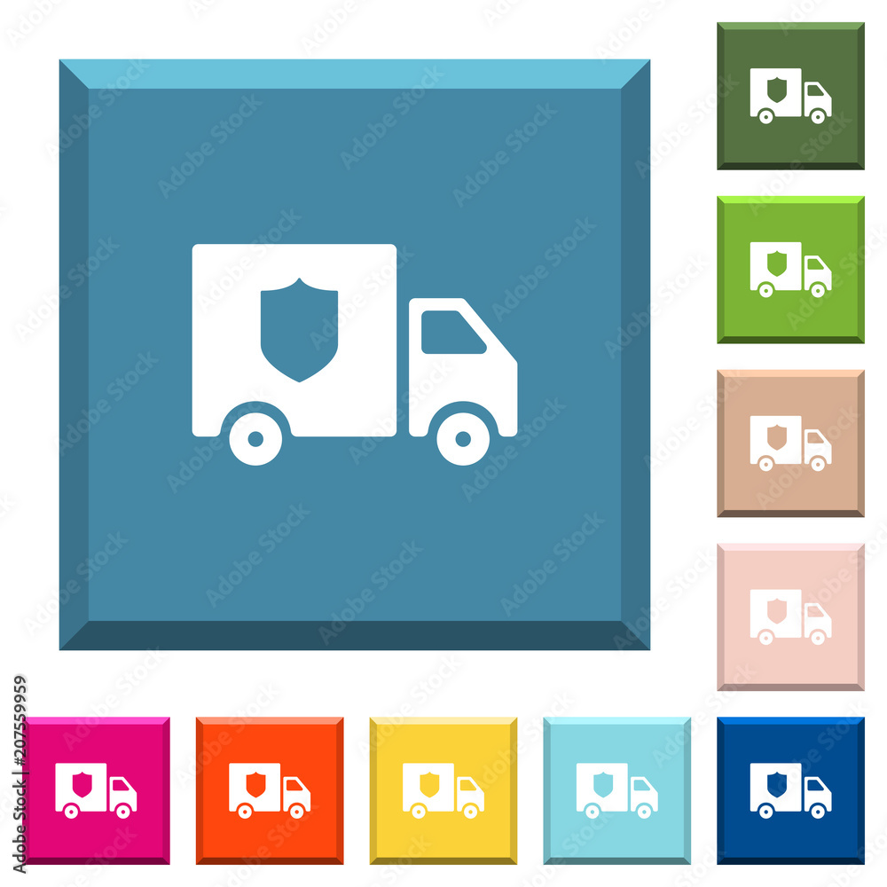 Money deliverer truck white icons on edged square buttons Money deliverer truck white icons on edged square buttons