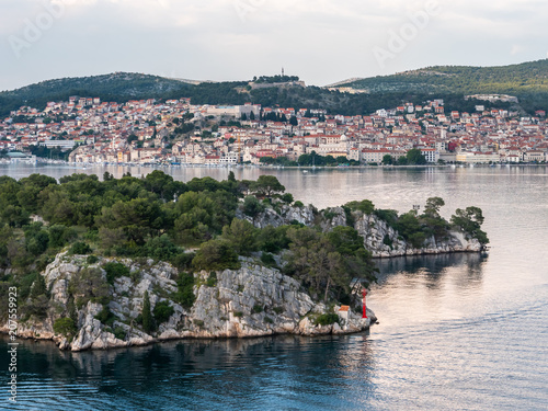 View on Sibenik port entrance in Croatia during evening light Setnica u kanalu Sv Ante