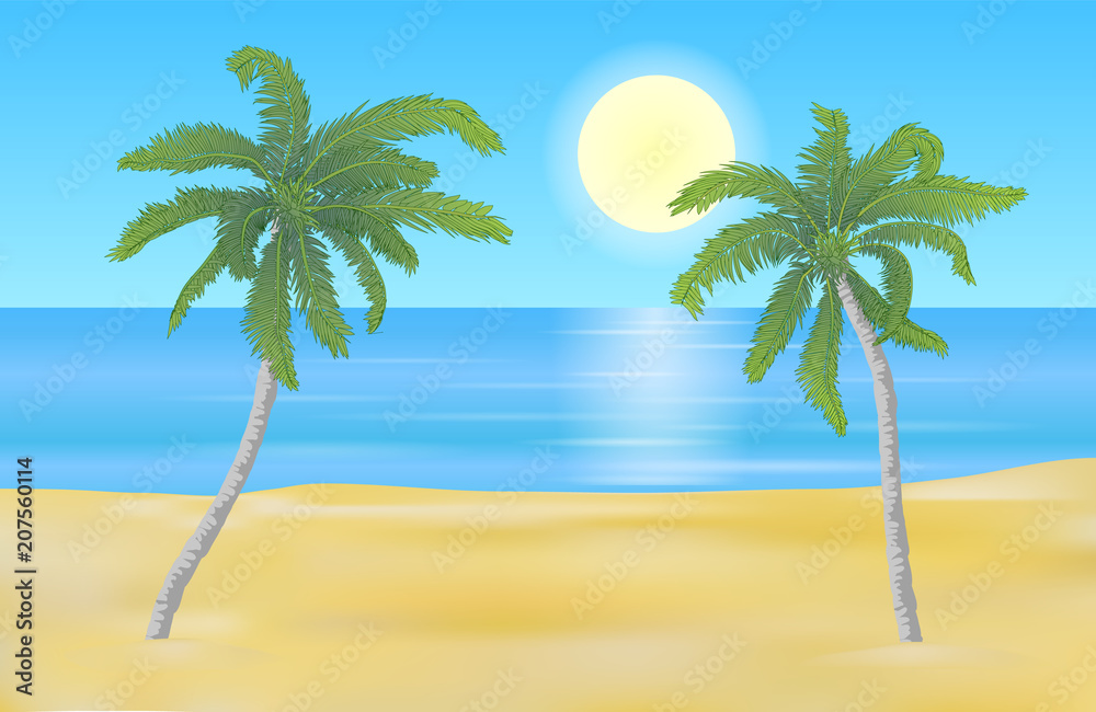 Vector summer beach landscape with yellow shaded sand and detailed palm trees.