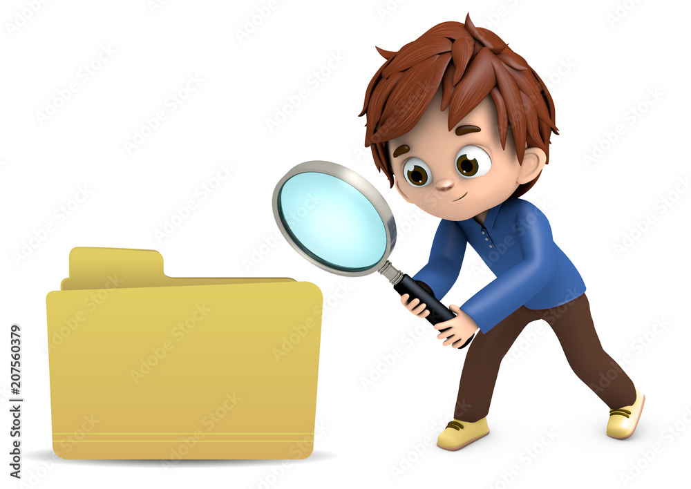 niño con lupa mirando una carpeta ilustración de Stock | Adobe Stock