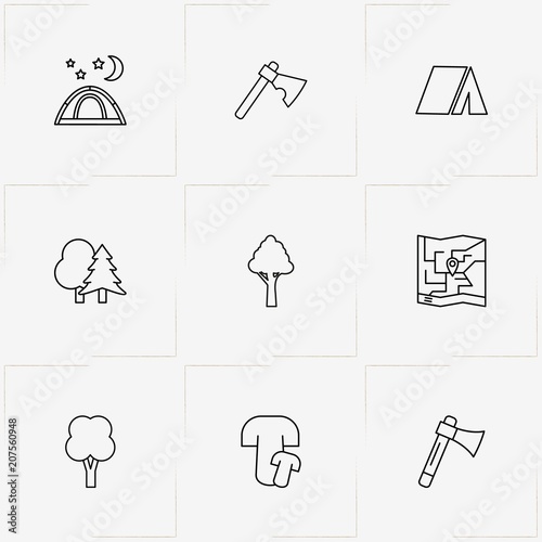 Forest line icon set with camping, tent and map