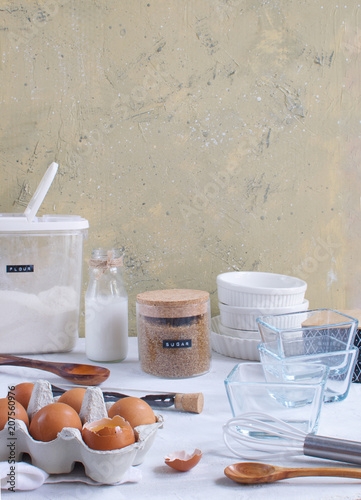 Kitchen utensils and ingredients for baking, copy space