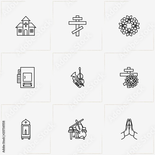 Funeral line icon set with church , cross and pray