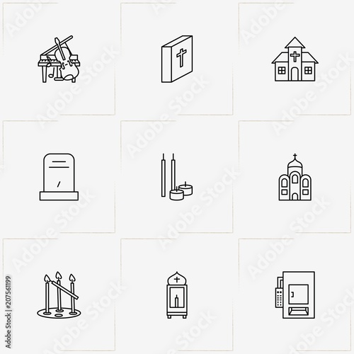 Funeral line icon set with church candles, music instruments and crematory