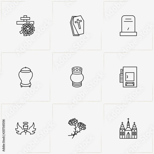 Funeral line icon set with cross, church  and funeral flowers