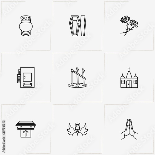 Funeral line icon set with angel , pray  and funeral flowers