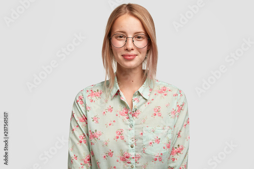 Photo of good looking young female model being pleased to meet with old frien...