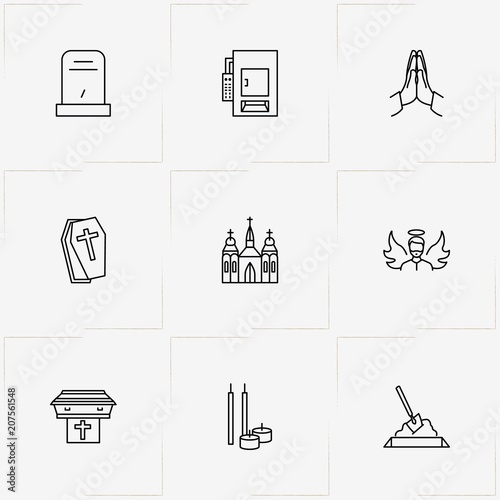 Funeral line icon set with coffin, crematory  and angel