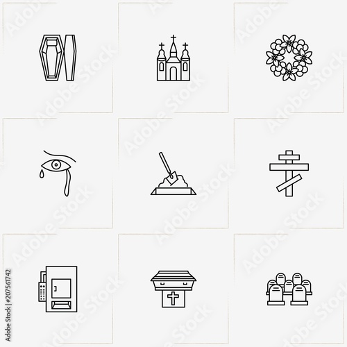 Funeral line icon set with cemetery , tears and crematory