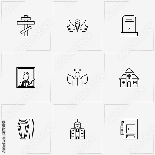 Funeral line icon set with cross, funeral portrait  and crematory