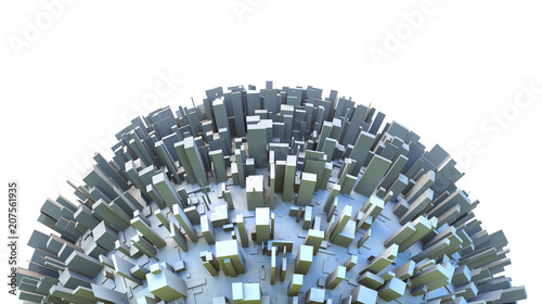 Abstract hemisphere of 3d sci-fi planet covered by simple box like skyscraper city buildings. Business or environmental concept illustration.