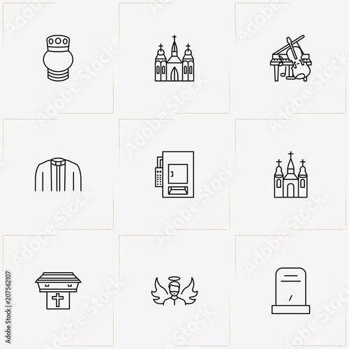 Funeral line icon set with music instruments, tombstone and coffin