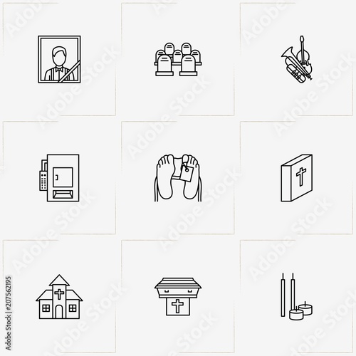 Funeral line icon set with tombstone, funeral portrait  and crematory