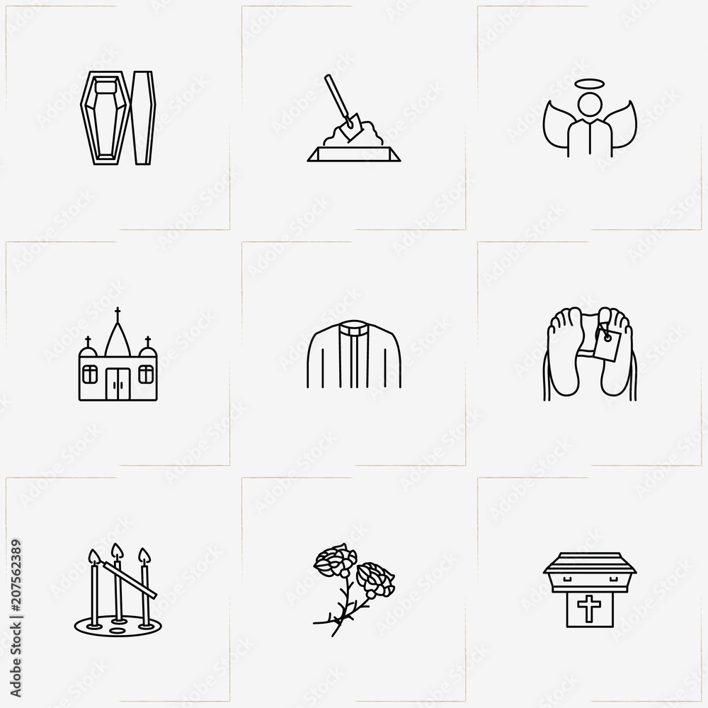 Naklejka premium Funeral line icon set with church candles, interment and church