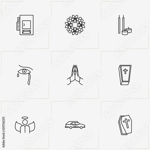 Funeral line icon set with pray , crematory  and tears