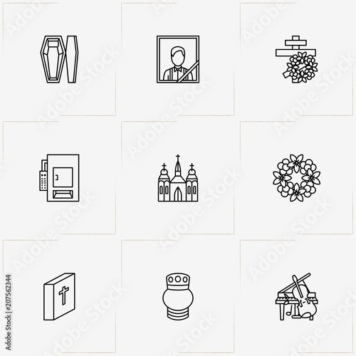 Funeral line icon set with cross, church  and music instruments