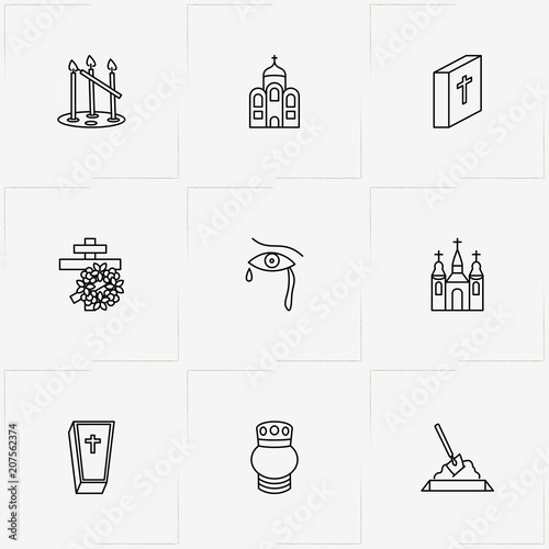 Funeral line icon set with coffin, interment and tombstone