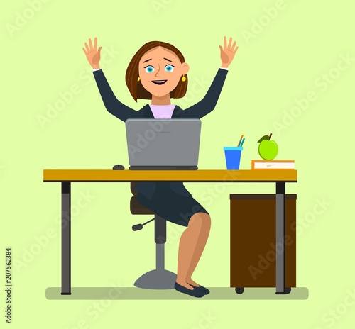 Businesswoman in a flat style isolated on white background. The office worker relaxes leaning back in his chair. Manager stretches in the workplace.