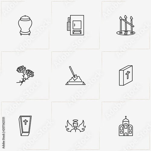 Funeral line icon set with church candles, interment and funeral flowers