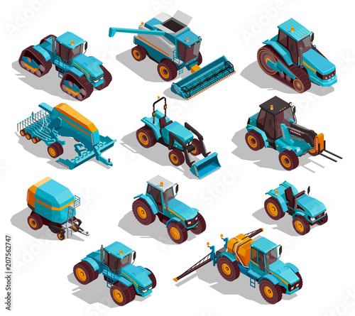 Agricultural Machines Isometric Icons Set