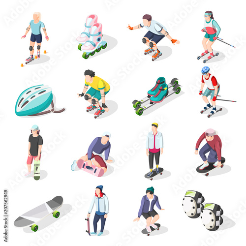 Roller And Skateboarders Isometric Icons 
