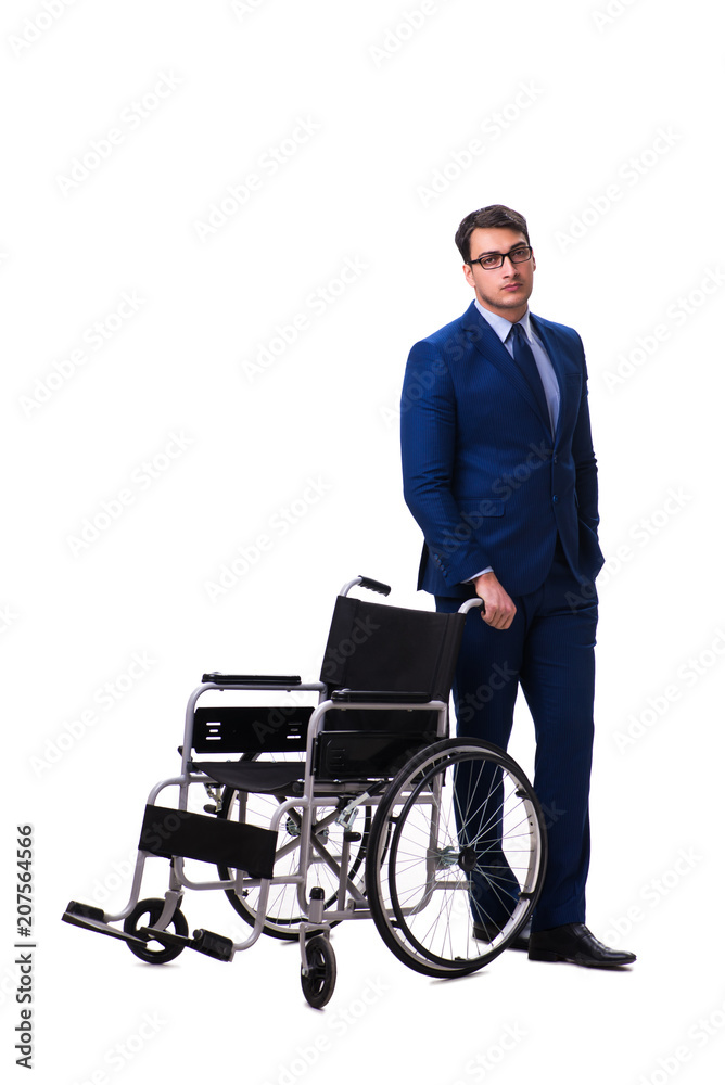 Businessman with wheelchair isolated on white background Businessman with wheelchair isolated on white background