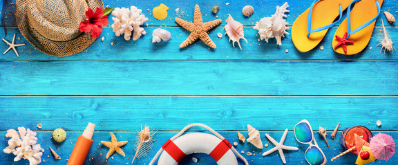 Beach Accessories On Blue Plank - Summer Holiday Banner
