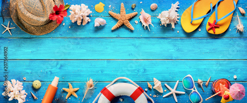 Beach Accessories On Blue Plank - Summer Holiday Banner

