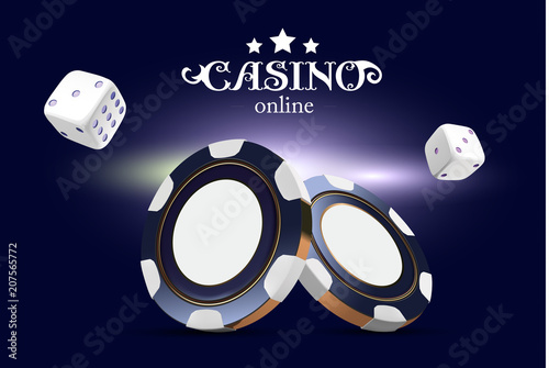 Casino poker chips and dice. Casino game 3D chips. Online casino banner. Blue realistic chip. Gambling concept, poker mobile app icon. dice falling in the air