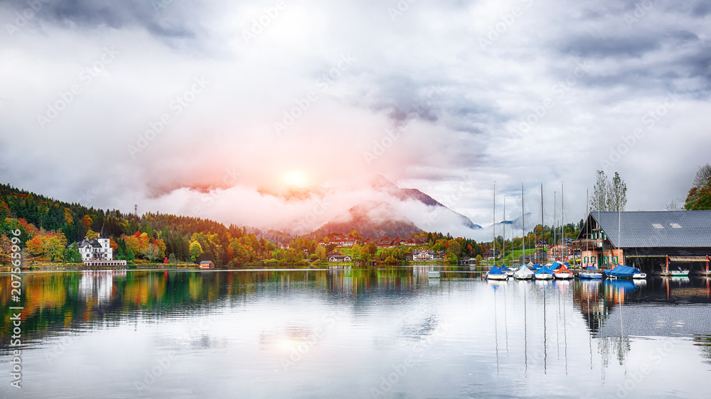 Misty morning on the lake Grundlsee Alps Austria Europe