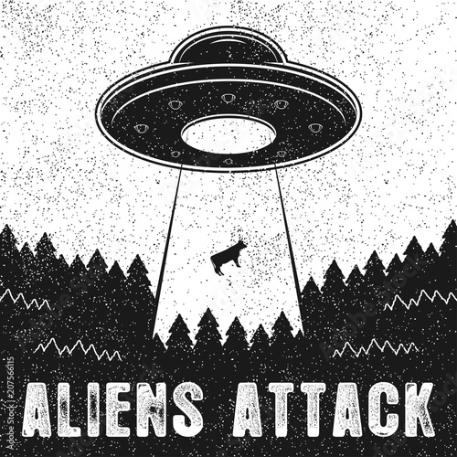 UFO abducts cow. Vintage illustration of Aliens Attack with spaceship and UFO light ray to Earth. Vector.
