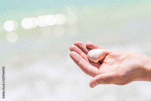 Male or female hand closeup holding one white seashell sea shell during shelling fun activity on Sanibel Island, Florida during day with bokeh of sparkles in ocean water waves, Gulf of Mexico