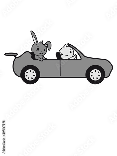 2 freunde team paar hase häschen kaninchen huhn vogel küken süß niedlich caprio offen ohne dach auto raser schnell fahren rennauto flitzer gas geben fahrer tuning design cool clipart photo