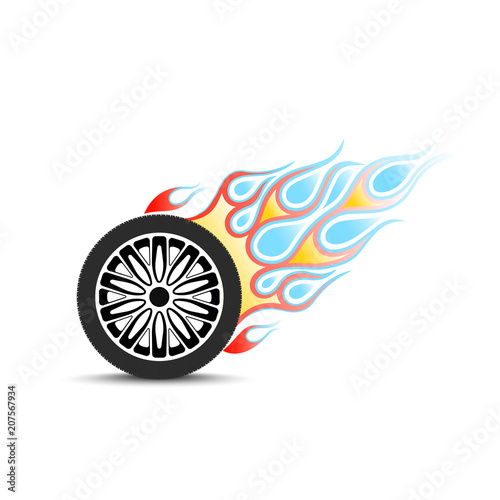 Car wheel with a tail of flame.