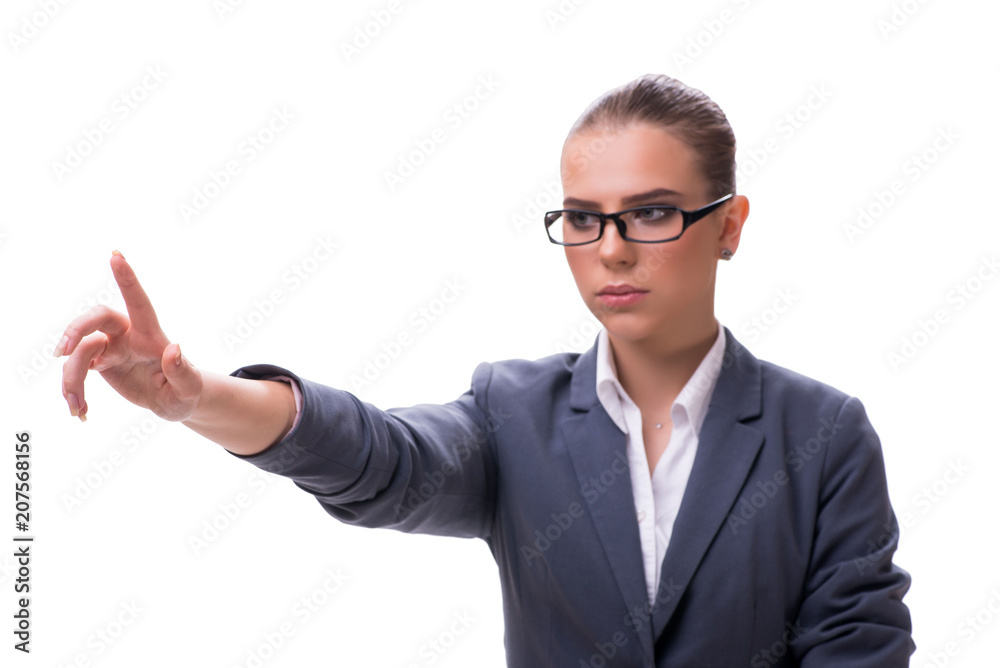 Young businesswoman pressing virtual button on white Young businesswoman pressing virtual button on white