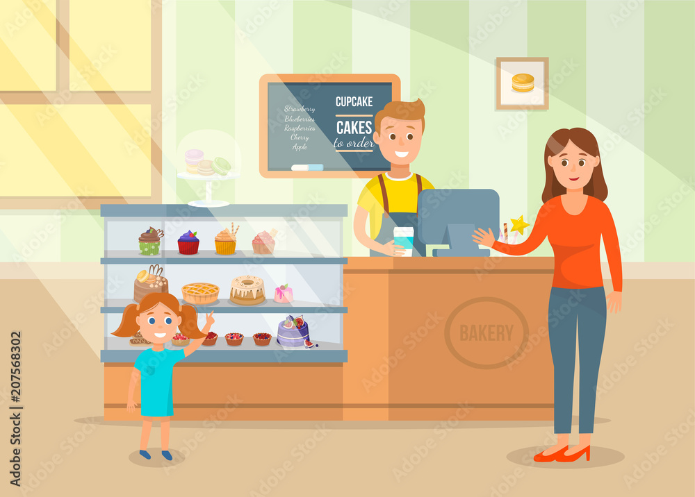 Cartoon Happy Mom and Little Daughter Choose Cake Cartoon Happy Mom and Little Daughter Choose Cake