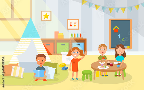 Cartoon little kids eat cakes in kindergarten.