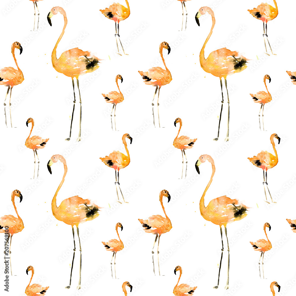 Obraz premium Hand Drawn Illustration With Flamingo. Exotic Summer Beach Motif. Swimwear Design, Wrapping, Background, Wallpaper, Fabric. Hawaiian Print. Jungle Birds Repeated Ornament. Aloha. Boho. Africa.