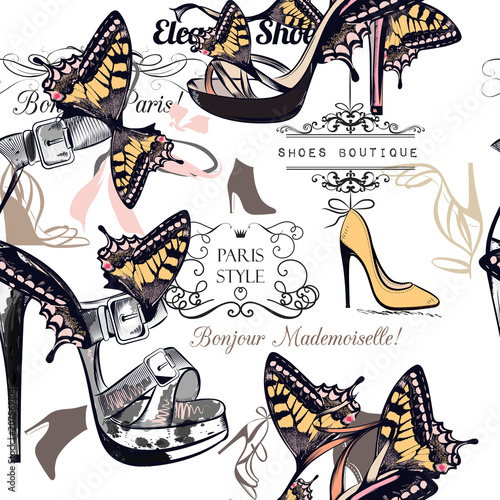 Fashion vector pattern with stylish female shoes decorated by butterflies