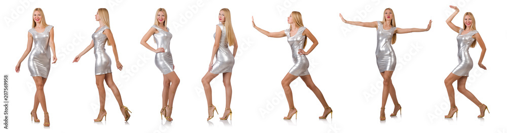 Young woman in silver dress isolated on white - obrazy, fototapety, plakaty 
