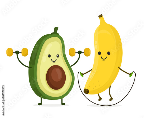 Cute happy smiling banana and avocado 