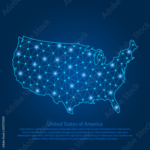 Abstract map of the USA created from lines, bright points and polygons in the form of starry sky, space and planets. Map of United States of America with stars, universe and connected line. Vector.